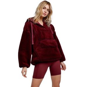 Free People Movement Run My Way Teddy Jacket Sherpa Fleece Hood Oversized Wine L